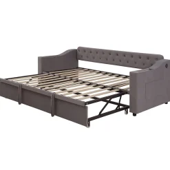 Okwish Lit Gigogne 90x190 cm - Lit Enfant en Velours avec Rangement et Port USB, Sommier à Lattes, Sans Matelas, Gris Foncé