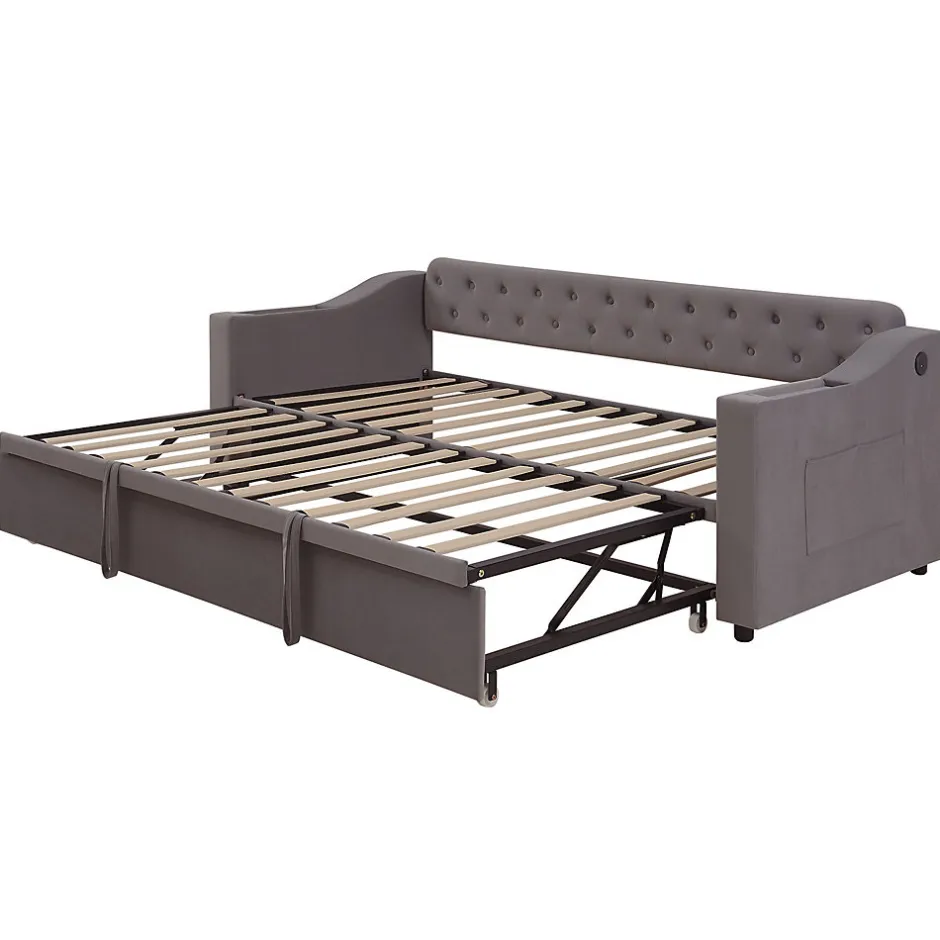 Okwish Lit Gigogne 90x190 cm - Lit Enfant en Velours avec Rangement et Port USB, Sommier à Lattes, Sans Matelas, Gris Foncé