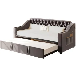 Okwish Lit Gigogne 90x190 cm - Lit Enfant en Velours avec Rangement et Port USB, Sommier à Lattes, Sans Matelas, Gris Foncé