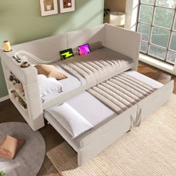Okwish Lit Gigogne 90x200 cm - Lit Enfant avec Ports USB et Type-C, Porte-Gobelet, sans Matelas, Tissu Lin, Beige