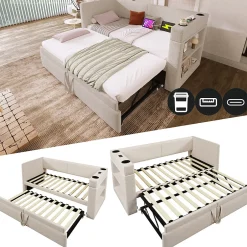 Okwish Lit Gigogne 90x200 cm - Lit Enfant avec Ports USB et Type-C, Porte-Gobelet, sans Matelas, Tissu Lin, Beige