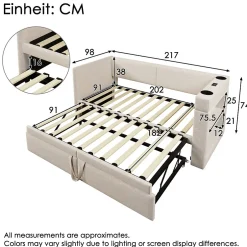 Okwish Lit Gigogne 90x200 cm - Lit Enfant avec Ports USB et Type-C, Porte-Gobelet, sans Matelas, Tissu Lin, Beige
