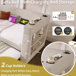Okwish Lit Gigogne 90x200 cm - Lit Enfant avec Ports USB et Type-C, Porte-Gobelet, sans Matelas, Tissu Lin, Beige