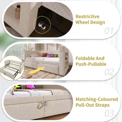 Okwish Lit Gigogne 90x200 cm - Lit Enfant avec Ports USB et Type-C, Porte-Gobelet, sans Matelas, Tissu Lin, Beige
