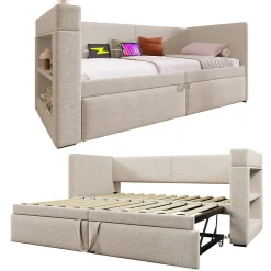 Okwish Lit Gigogne 90x200 cm - Lit Enfant avec Ports USB et Type-C, Porte-Gobelet, sans Matelas, Tissu Lin, Beige