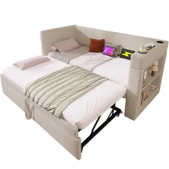 Okwish Lit Gigogne 90x200 cm - Lit Enfant avec Ports USB et Type-C, Porte-Gobelet, sans Matelas, Tissu Lin, Beige
