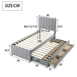 Okwish Lit Gigogne 90x200 cm - Lit enfant avec Tiroirs et Lit Gigogne, Revêtement en Lin, MDF et Métal - sans matelas - Gris