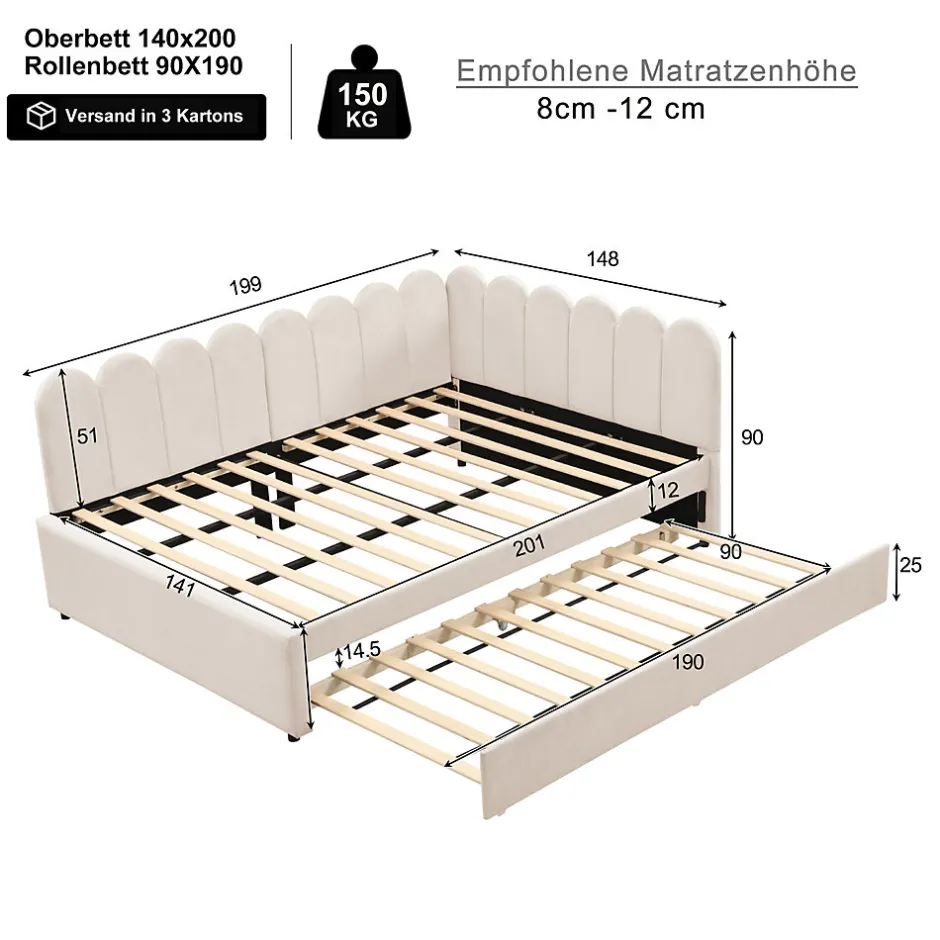 Okwish Lit Gigogne 140x200 cm - Lit Enfant Velours avec Rangement et Lit Extensible L-Forme, Sans Matelas, Beige