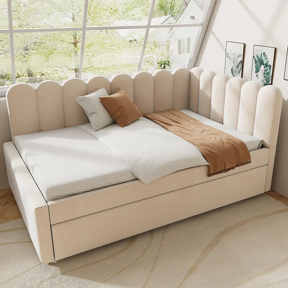 Okwish Lit Gigogne 140x200 cm - Lit Enfant Velours avec Rangement et Lit Extensible L-Forme, Sans Matelas, Beige