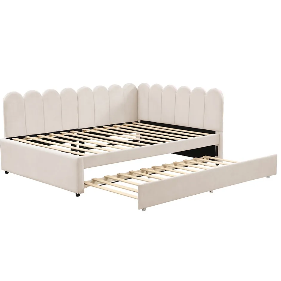 Okwish Lit Gigogne 140x200 cm - Lit Enfant Velours avec Rangement et Lit Extensible L-Forme, Sans Matelas, Beige