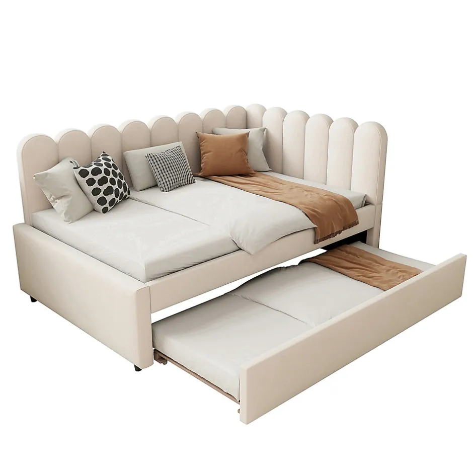 Okwish Lit Gigogne 140x200 cm - Lit Enfant Velours avec Rangement et Lit Extensible L-Forme, Sans Matelas, Beige