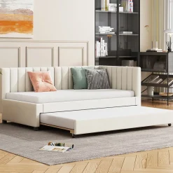 Okwish Lit Gigogne 90x200 cm - Lit enfant et d'Appoint avec Tiroir Intégré, Sommier À Lattes, Velours Beige Sale