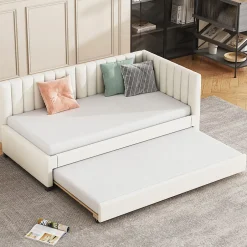 Okwish Lit Gigogne 90x200 cm - Lit enfant et d'Appoint avec Tiroir Intégré, Sommier À Lattes, Velours Beige Sale