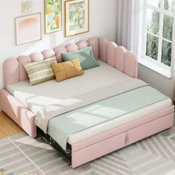 Okwish Lit Gigogne 90x200 cm - Lit Enfant Velours avec Rangement et Lit Extensible, 2-en-1 Multifonction, Sans Matelas, Rose