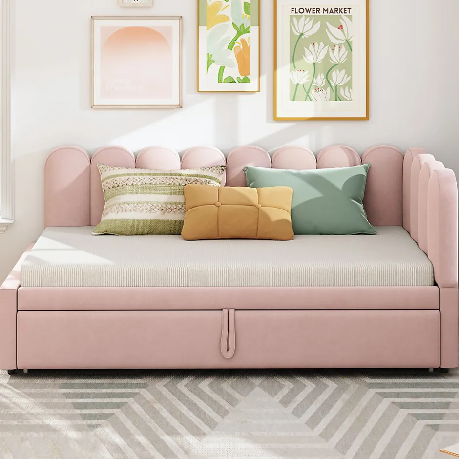 Okwish Lit Gigogne 90x200 cm - Lit Enfant Velours avec Rangement et Lit Extensible, 2-en-1 Multifonction, Sans Matelas, Rose
