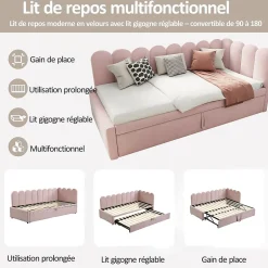 Okwish Lit Gigogne 90x200 cm - Lit Enfant Velours avec Rangement et Lit Extensible, 2-en-1 Multifonction, Sans Matelas, Rose