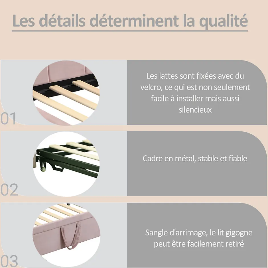 Okwish Lit Gigogne 90x200 cm - Lit Enfant Velours avec Rangement et Lit Extensible, 2-en-1 Multifonction, Sans Matelas, Rose