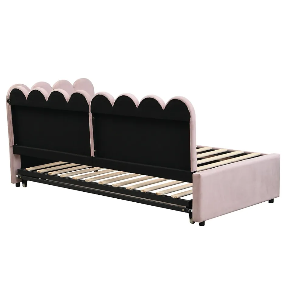 Okwish Lit Gigogne 90x200 cm - Lit Enfant Velours avec Rangement et Lit Extensible, 2-en-1 Multifonction, Sans Matelas, Rose