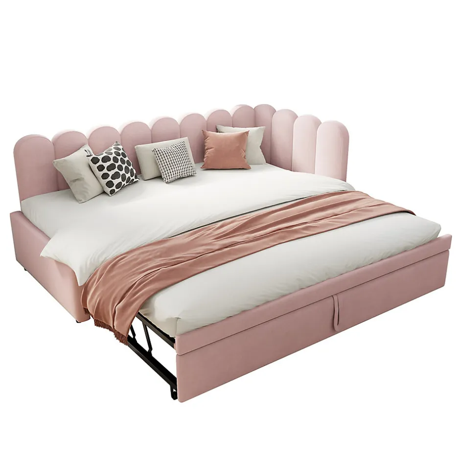 Okwish Lit Gigogne 90x200 cm - Lit Enfant Velours avec Rangement et Lit Extensible, 2-en-1 Multifonction, Sans Matelas, Rose