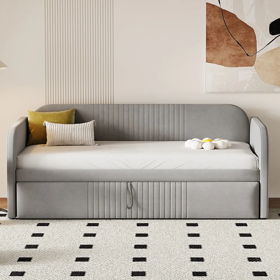 Okwish Lit gigogne 90/180x190 cm - Lit extensible avec tiroir de rangement - Tissu lin respirant gris clair