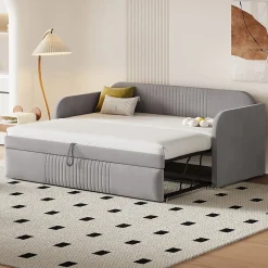Okwish Lit gigogne 90/180x190 cm - Lit extensible avec tiroir de rangement - Tissu lin respirant gris clair