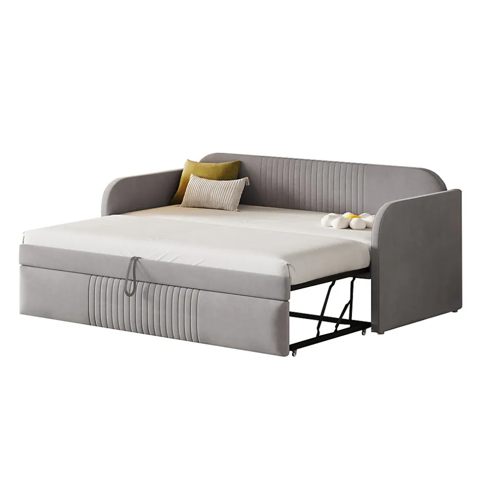 Okwish Lit gigogne 90/180x190 cm - Lit extensible avec tiroir de rangement - Tissu lin respirant gris clair