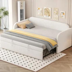 Okwish Lit gigogne 90/180x190 cm - Lit extensible avec sommier à lattes - Tissu lin respirant Beige, sans matelas