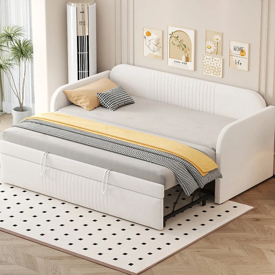 Okwish Lit gigogne 90/180x190 cm - Lit extensible avec sommier à lattes - Tissu lin respirant Beige, sans matelas