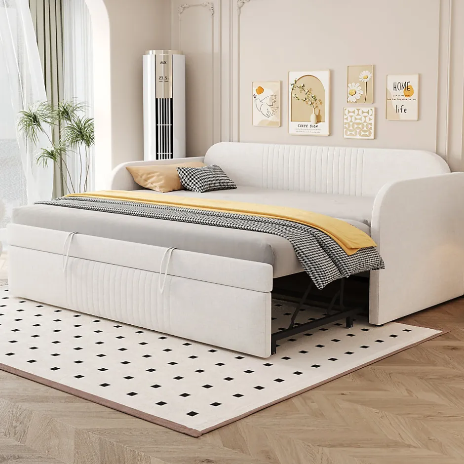 Okwish Lit gigogne 90/180x190 cm - Lit extensible avec sommier à lattes - Tissu lin respirant Beige, sans matelas