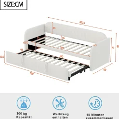 Okwish Lit gigogne 90/180x190 cm - Lit extensible avec sommier à lattes - Tissu lin respirant Beige, sans matelas