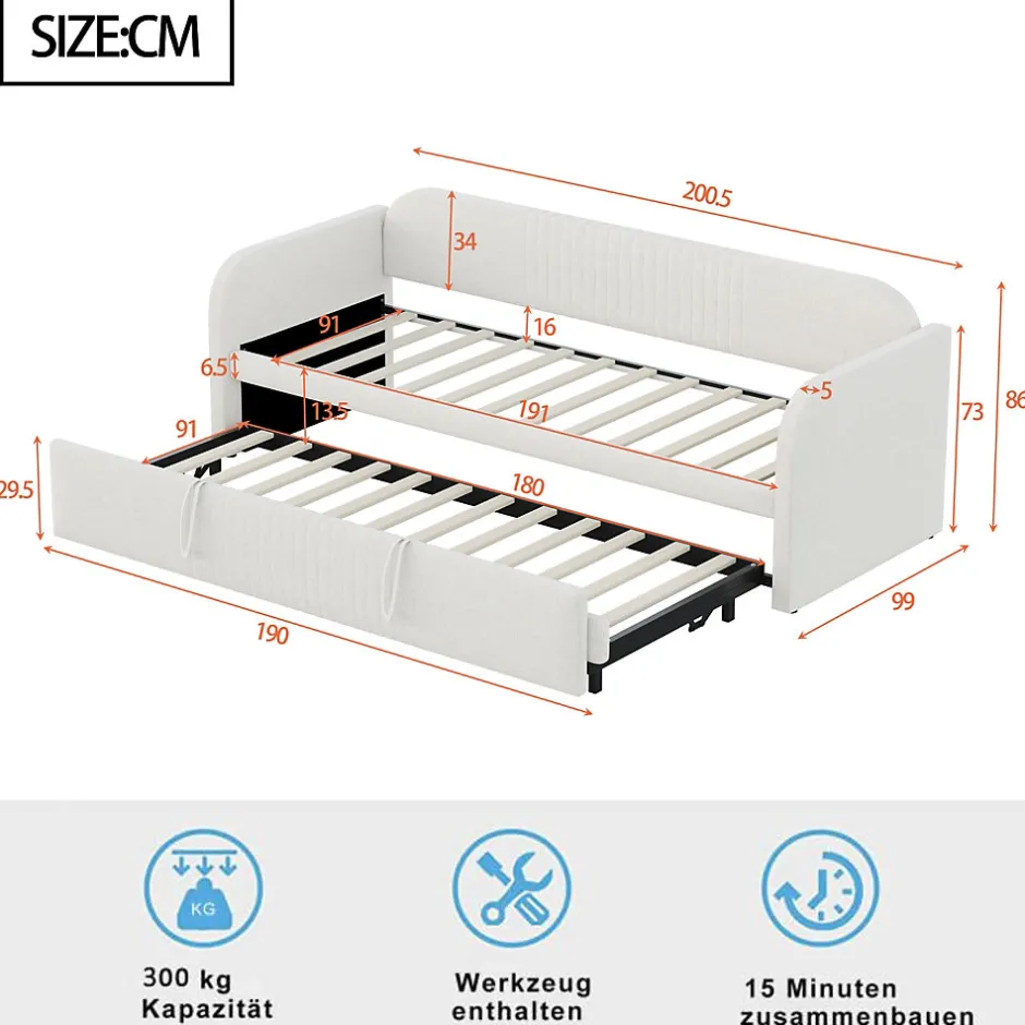 Okwish Lit gigogne 90/180x190 cm - Lit extensible avec sommier à lattes - Tissu lin respirant Beige, sans matelas