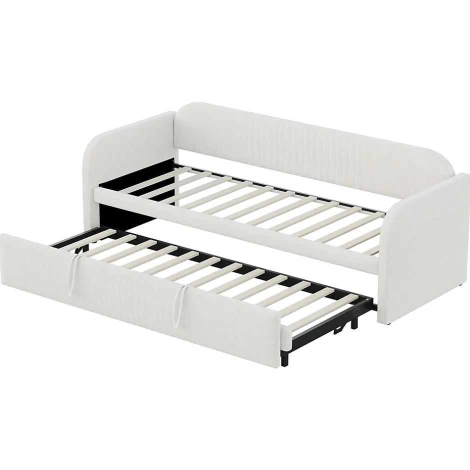 Okwish Lit gigogne 90/180x190 cm - Lit extensible avec sommier à lattes - Tissu lin respirant Beige, sans matelas