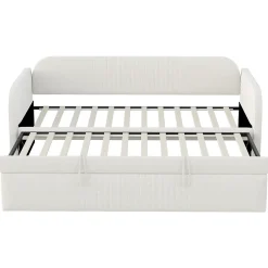 Okwish Lit gigogne 90/180x190 cm - Lit extensible avec sommier à lattes - Tissu lin respirant Beige, sans matelas