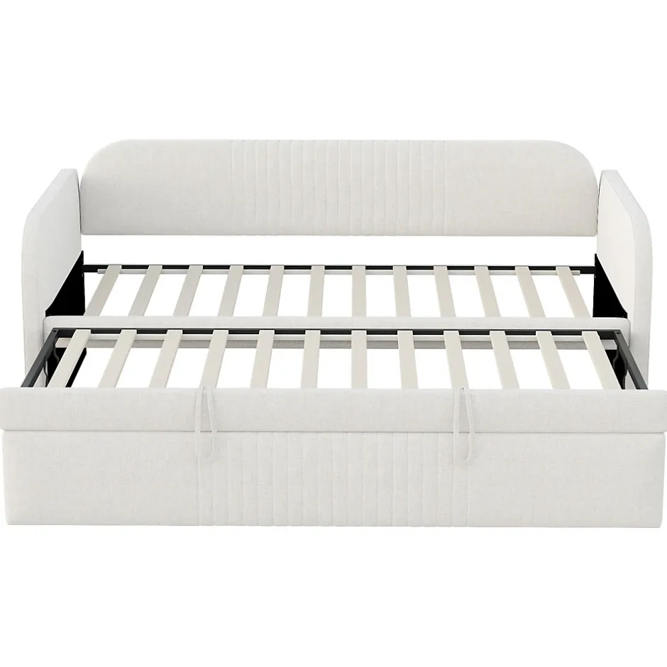 Okwish Lit gigogne 90/180x190 cm - Lit extensible avec sommier à lattes - Tissu lin respirant Beige, sans matelas