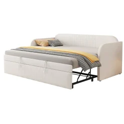 Okwish Lit gigogne 90/180x190 cm - Lit extensible avec sommier à lattes - Tissu lin respirant Beige, sans matelas