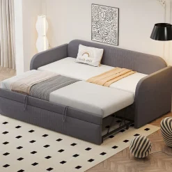 Okwish Lit gigogne 90/180x190 cm - Lit extensible avec tiroir et sommier à lattes - Tissu lin respirant Gris Discount