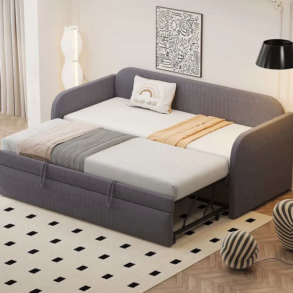 Okwish Lit gigogne 90/180x190 cm - Lit extensible avec tiroir et sommier à lattes - Tissu lin respirant Gris Discount
