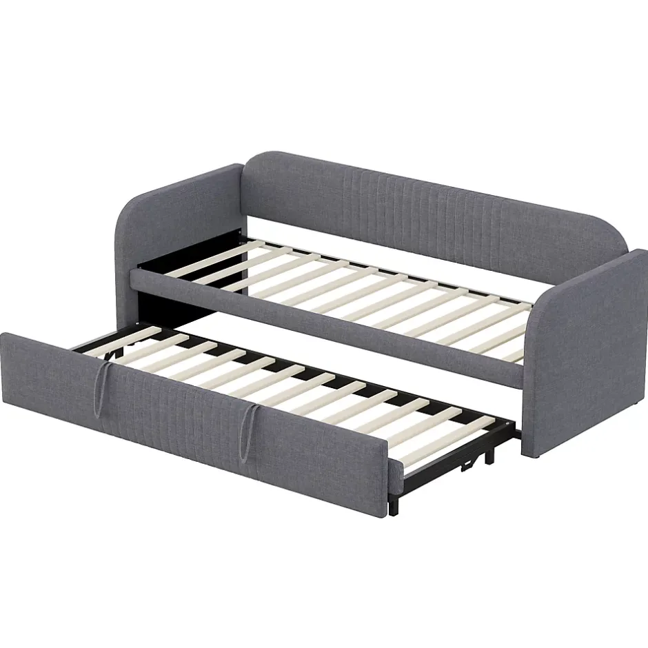 Okwish Lit gigogne 90/180x190 cm - Lit extensible avec tiroir et sommier à lattes - Tissu lin respirant Gris Discount