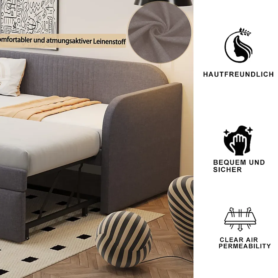 Okwish Lit gigogne 90/180x190 cm - Lit extensible avec tiroir et sommier à lattes - Tissu lin respirant Gris Discount