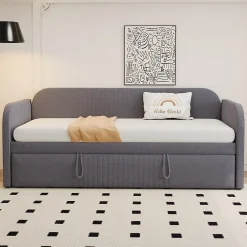 Okwish Lit gigogne 90/180x190 cm - Lit extensible avec tiroir et sommier à lattes - Tissu lin respirant Gris Discount
