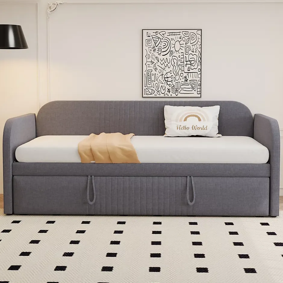 Okwish Lit gigogne 90/180x190 cm - Lit extensible avec tiroir et sommier à lattes - Tissu lin respirant Gris Discount