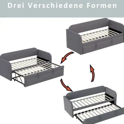 Okwish Lit gigogne 90/180x190 cm - Lit extensible avec tiroir et sommier à lattes - Tissu lin respirant Gris Discount
