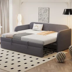 Okwish Lit gigogne 90/180x190 cm - Lit extensible avec tiroir et sommier à lattes - Tissu lin respirant Gris Discount