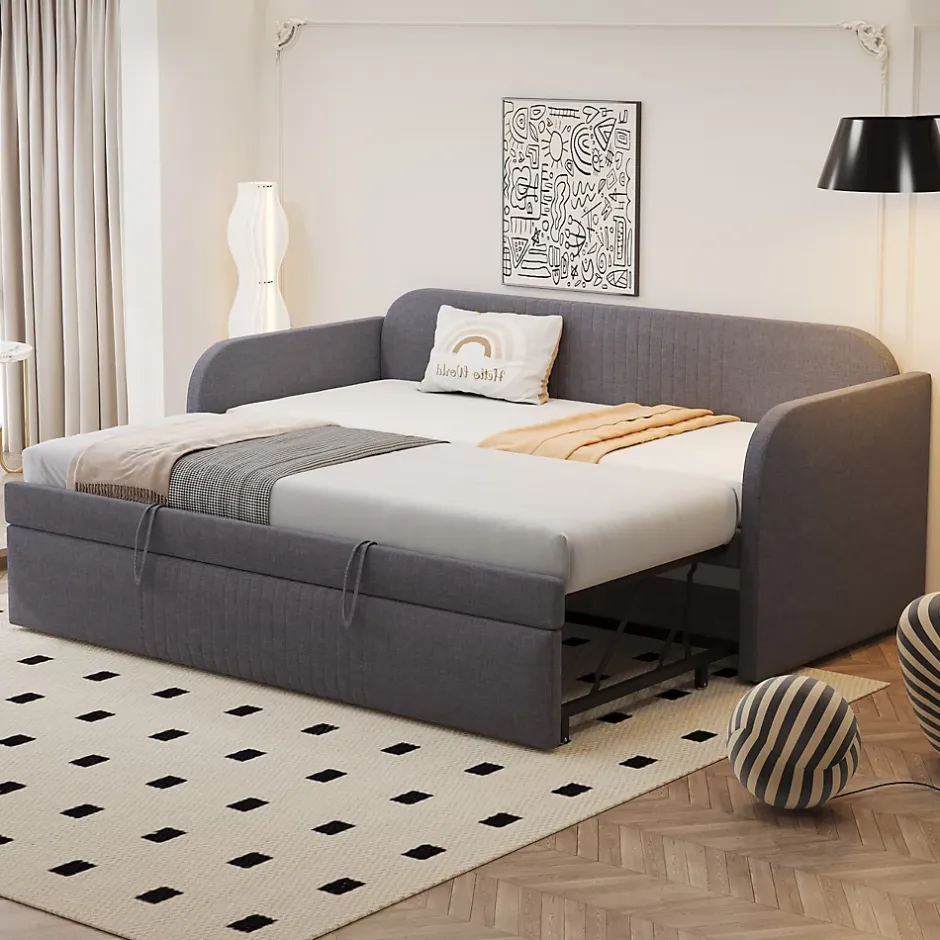 Okwish Lit gigogne 90/180x190 cm - Lit extensible avec tiroir et sommier à lattes - Tissu lin respirant Gris Discount