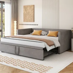 Okwish Lit Gigogne 90/180x200 cm - Lit Multifonction avec Sommier À Lattes, Convertible en deux Lits, Sans Matelas - Gris