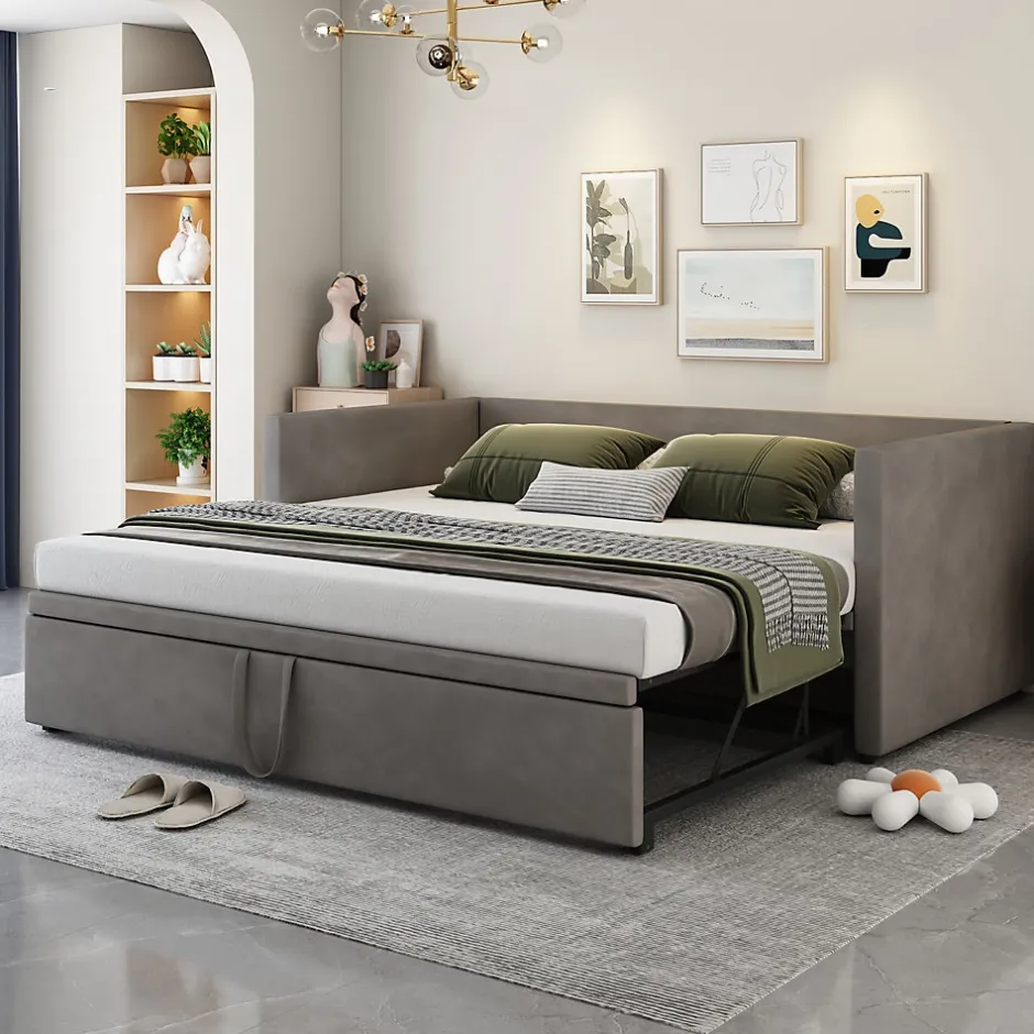 Okwish Lit Gigogne 90/180x200 cm - Lit Multifonction avec Sommier À Lattes, Convertible en deux Lits, Sans Matelas - Gris
