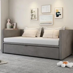 Okwish Lit Gigogne 90/180x200 cm - Lit Multifonction avec Sommier À Lattes, Convertible en deux Lits, Sans Matelas - Gris