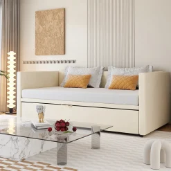 Okwish Lit Gigogne 90/180x200 cm - Lit Multifonction avec Sommier À Lattes, Sans Matelas, Velours Doux - Beige