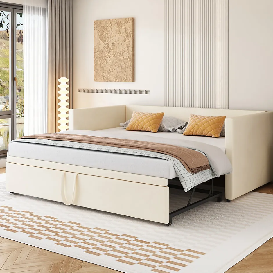 Okwish Lit Gigogne 90/180x200 cm - Lit Multifonction avec Sommier À Lattes, Sans Matelas, Velours Doux - Beige