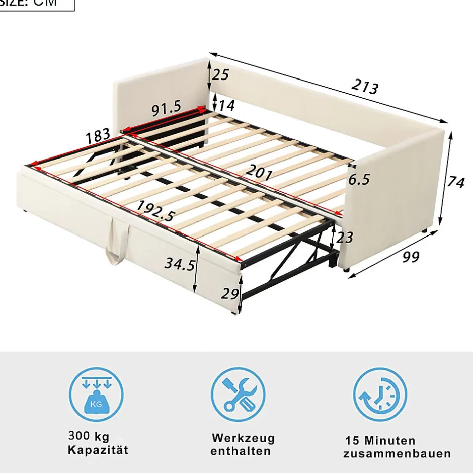 Okwish Lit Gigogne 90/180x200 cm - Lit Multifonction avec Sommier À Lattes, Sans Matelas, Velours Doux - Beige